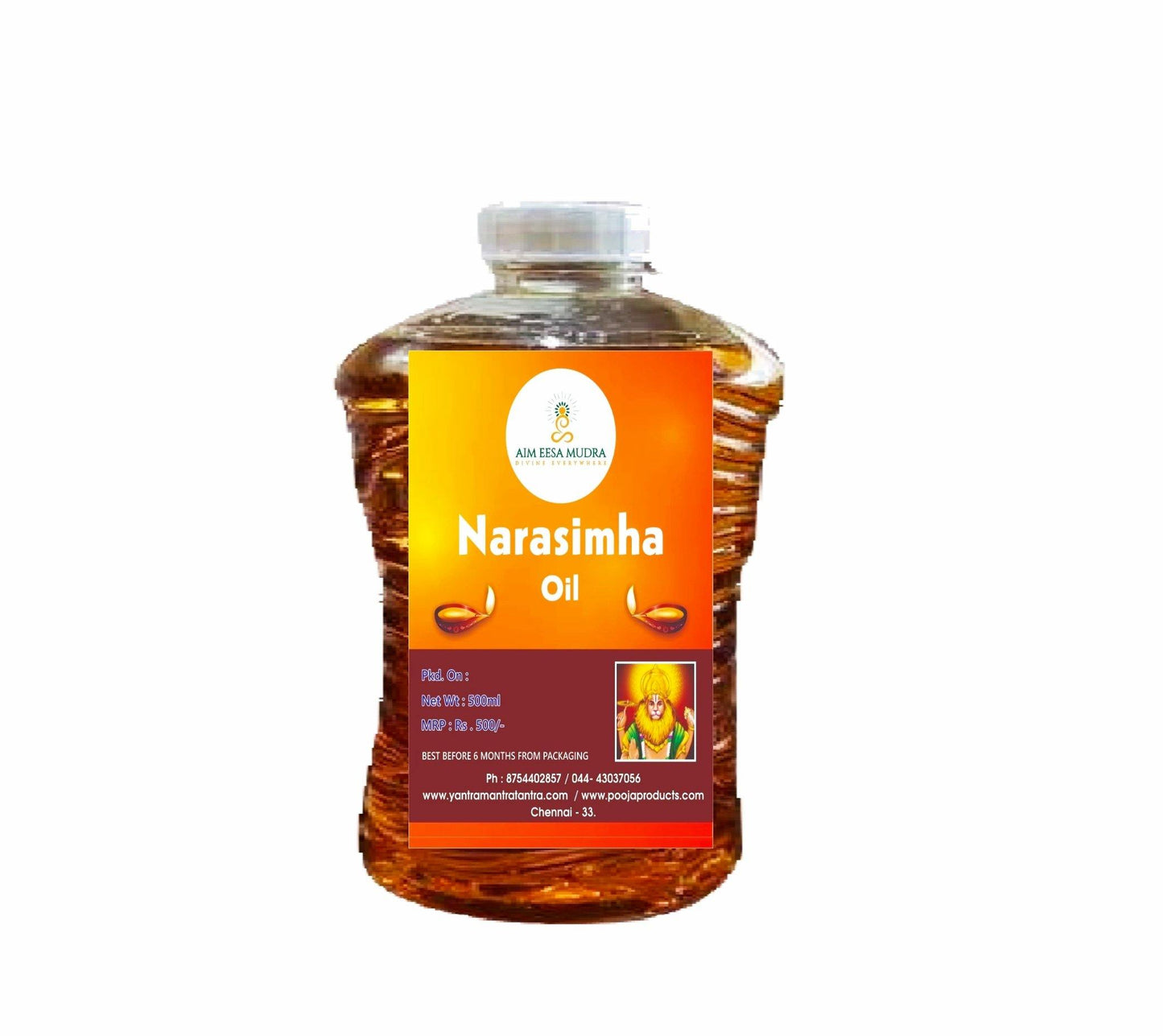 Narasimha Oil (500ml) (𝗧𝗛𝗜𝗦 𝗣𝗥𝗢𝗗𝗨𝗖𝗧 𝗔𝗩𝗔𝗜𝗟𝗕𝗟𝗘 𝗢𝗡𝗟𝗬 𝗜𝗡𝗦𝗜𝗗𝗘 𝗜𝗡𝗗𝗜𝗔) - PoojaProducts.com
