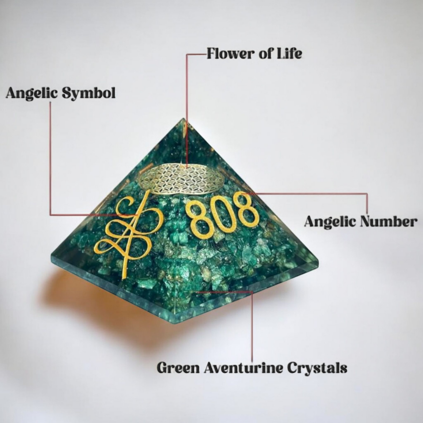 Green Aventurine Angelic Crystal Pyramid with Angel Symbol and Angel Number 808 520 741  (2.5*2.5)
