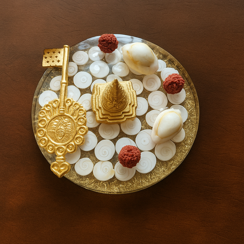 Shree Yantra with Golden Key, Rudraksha & Gomti Chakra