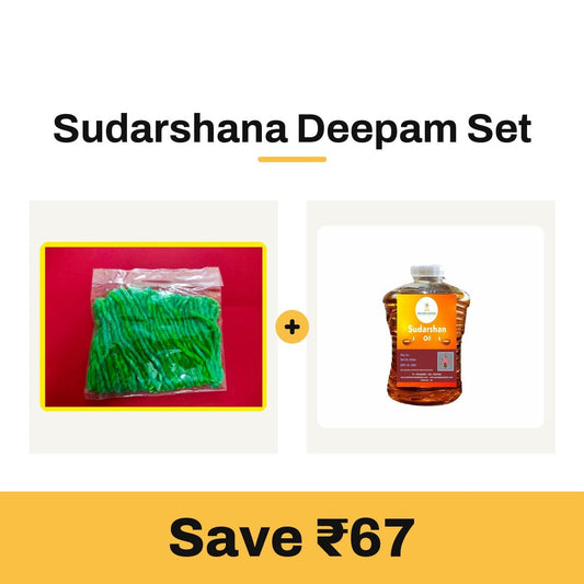 Sudarshana Deepam Set: Sudarshana deepam lamp oil bottle and green cotton deepam wick