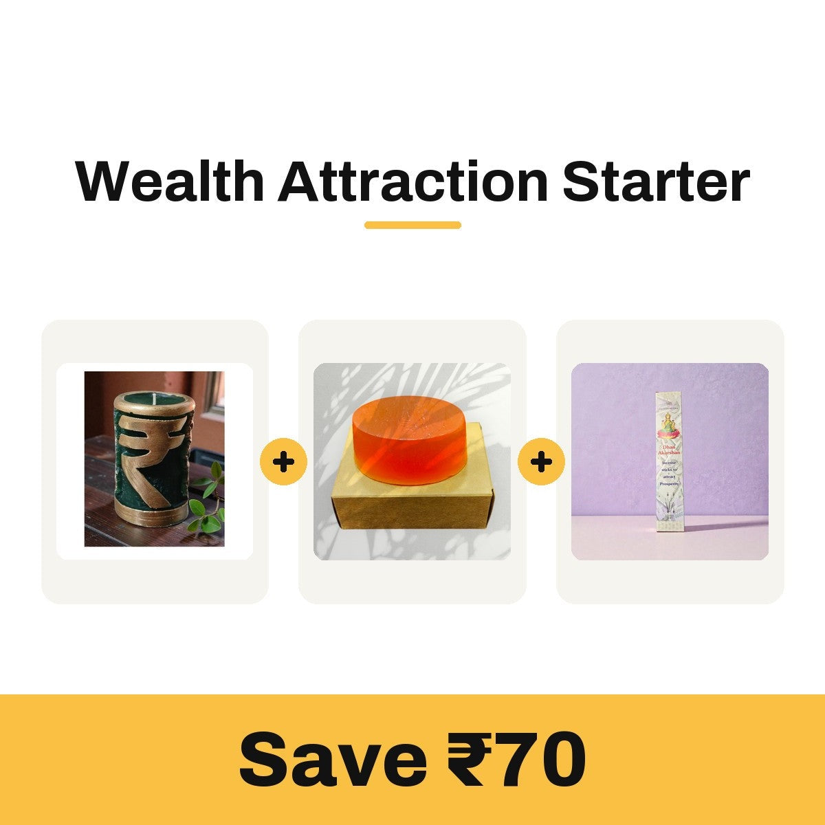 Wealth Attraction Starter: money attraction candle, soap and Dhana Akarshana incense sticks