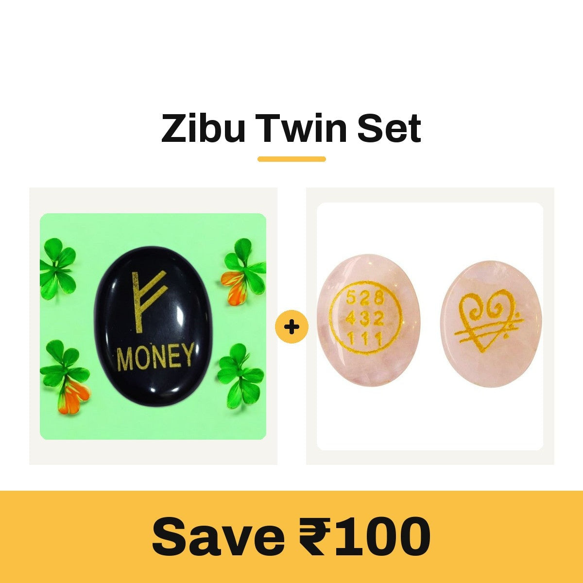 Zibu Twin Set: Black agate Zibu money symbol stone and pink rose quartz Zibu stone